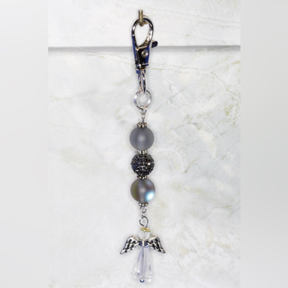 One of a Kind Handmade Black Moonstone Beads and Angel Keychain Bag Charm